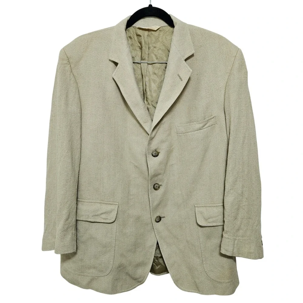 Huntington Mens Hopsack Blazer 3-Button Sport Coat Beige Made in USA Vintage 42S